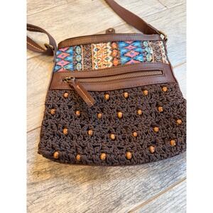 The Sak Crossbody Crochet Beaded Swing Shoulder Bag‎ Leather Purse Brown Boho
